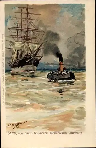 Künstler Litho Diemer, Zeno, Bark, von einem Schlepper elbaufwärts gebracht