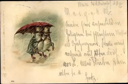 Litho Zwei Vögel im Regen unter einem Regenschirm