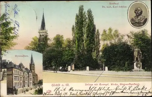 Ak Höchst Frankfurt am Main, Anlage mit evangelischer Kirche, Bismarckdenkmal, Gymnasium