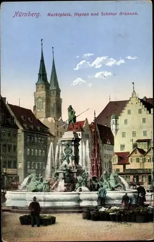 Ak Nürnberg in Mittelfranken, am Hauptmarkt, Marktplatz mit Neptun- und Schöner Brunnen