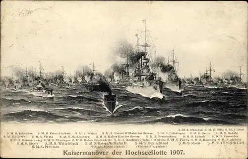 Ak Deutsche Kriegsschiffe, Kaisermanöver der Hochseeflotte 1907, Kaiserliche Marine