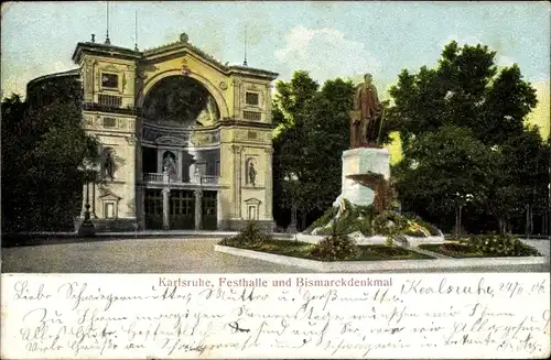 Ak Karlsruhe in Baden, Festhalle, Bismarckdenkmal