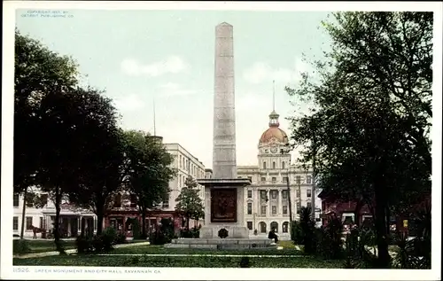 Ak Svannah Georgia USA, Green Monument und Rathaus