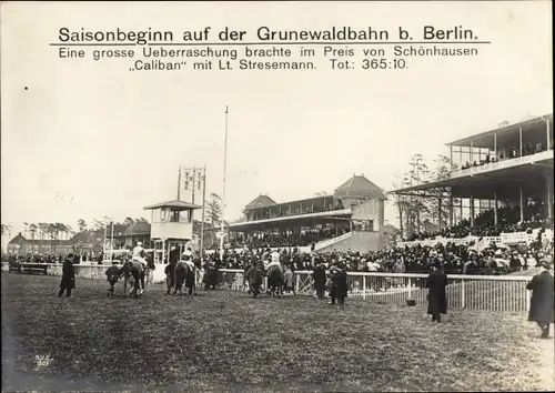 Ak Berlin Charlottenburg Westend, Grunewaldbahn, Preis von Schönhausen, Caliban mit Lt. Stresemann