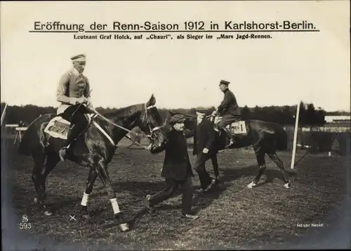 Ak Berlin Lichtenberg Karlshorst, Rennsaison 1912, Leutnant Graf Holck auf Chauri, Mars Jagd-Rennen