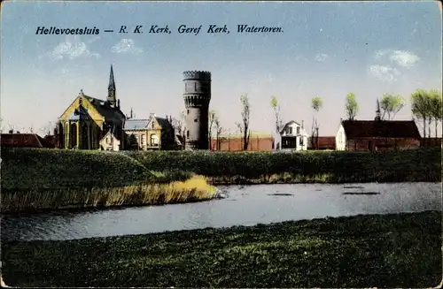 Ak Hellevoetsluis Südholland, R.K. Kerk, Geref. Kerk, Watertoren