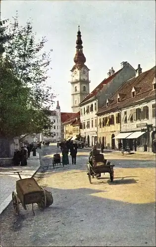 Ak Klagenfurt am Wörthersee Kärnten, Straßenpartie, Handkarren