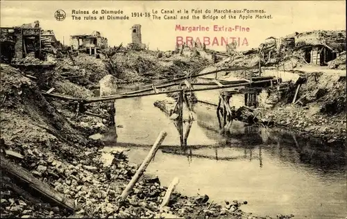 Ak Diksmuide Dixmude Westflandern, Ruines, Le Canal et le Pont du Marche-aux-Pommes