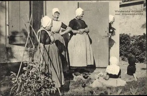 Ak Walcheren Zeeland, Frauen in niederländischer Volkstracht, Wohnhaus