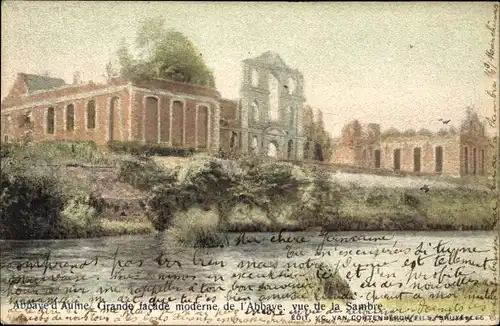 Ak Thuin Wallonie Hennegau, Abtei Aulne, große moderne Fassade der Abtei, die Sambre