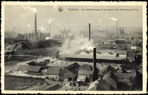 Ak Charleroi Wallonien Hennegau, Die Öfen und Fabriken in Richtung Marchienne au Pont