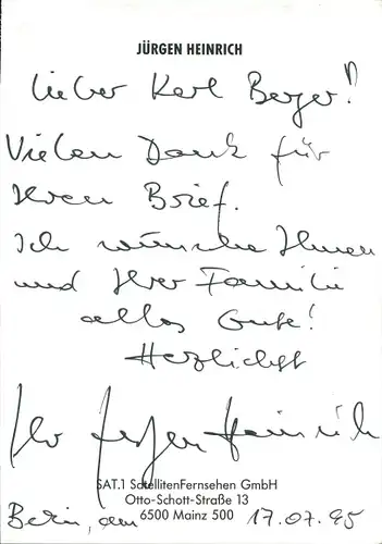 Ak Schauspieler Jürgen Heinrich, Portrait, Autogramm, SAT 1