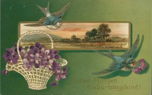 Präge Ak Glückwunsch Geburtstag, Veilchen im Korb, Schwalben