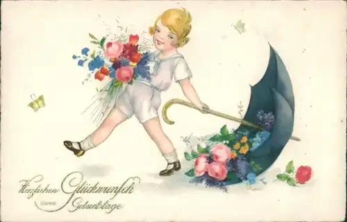 Ak Glückwunsch Geburtstag, Mädchen mit Regenschirm, Blumenstrauß