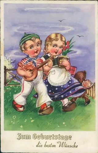Ak Glückwunsch Geburtstag, Musizierende Kinder, Blumen, Kuchen