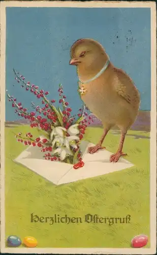 Ak Glückwunsch Ostern, Küken, Brief, Blumen, Ostereier