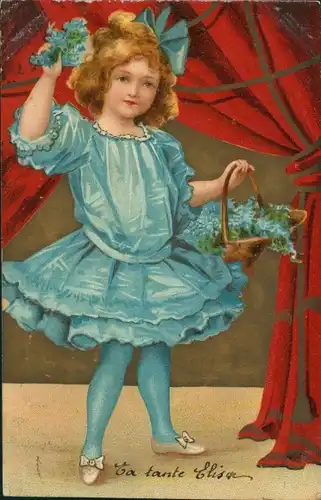 Litho Mädchen in blauem Kleid, Blumenkorb