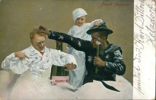 Ak Glückwunsch Neujahr, Kind, Männer, Sektflasche