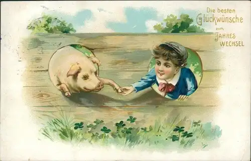 Präge Ak Glückwunsch Neujahr, Kind, Schwein, Zaun, Glücksklee