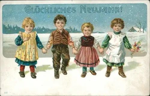 Litho Glückwunsch Neujahr, Kinder, Blumen, Schnee