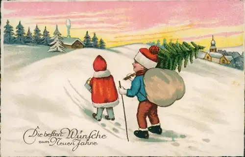 Ak Glückwunsch Neujahr, Kinder, Tannenbaum
