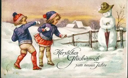 Ak Glückwunsch Neujahr, Kinder, Schneeball, Schneemann