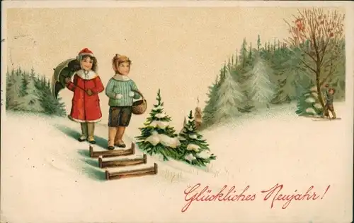 Ak Glückwunsch Neujahr, Kinder, Schirm, Tannenbäume