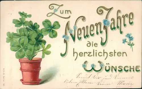 Litho Glückwunsch Neujahr, Glücksklee, Vergissmeinnicht, Blumentopf