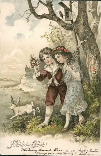 Präge Litho Glückwunsch Ostern, Kinder, Weidenkätzchen, Hase