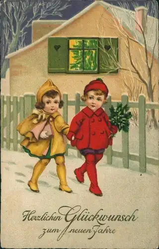 Ak Glückwunsch Neujahr, Kinder, Geschenk, Haus