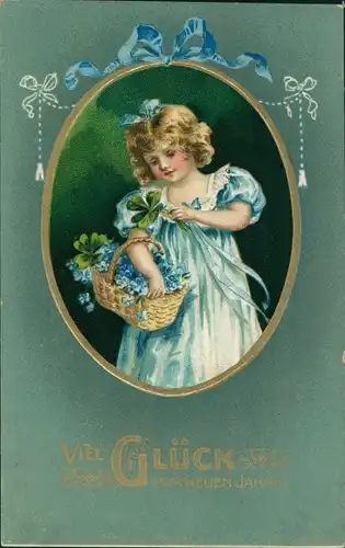 Präge Ak Glückwunsch Neujahr, Mädchen, Vergissmeinnicht, Korb, Glücksklee