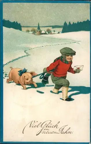 Ak Glückwunsch Neujahr, Junge, Brief, Schwein