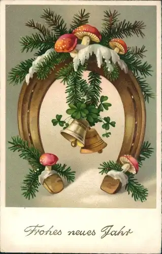 Ak Glückwunsch Neujahr, Hufeisen, Glücksklee, Glocken, Pilze