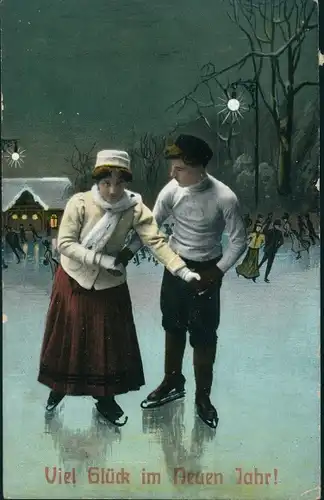 Ak Glückwunsch Neujahr, Liebespaar beim Eislaufen