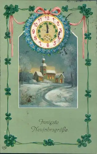 Ak Glückwunsch Neujahr, Uhr, Glücksklee, Vergissmeinnicht