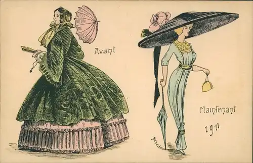 Künstler Ak Dame in historischem Kleid, moderner Hut 1911