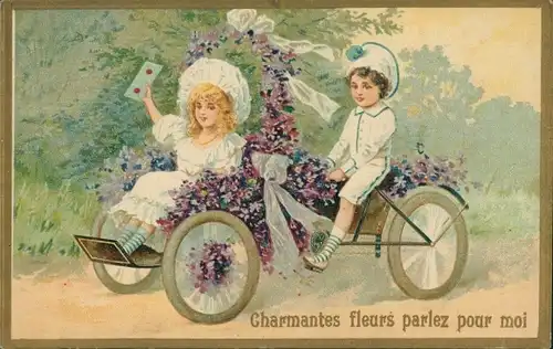 Präge Litho Kinder im Automobil, Blumen