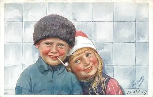 Künstler Ak Feiertag, Karl, Junge mit Pfeife, Mädchen