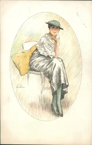 Künstler Ak Sitzende junge Frau mit Hut