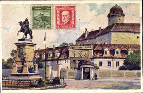 Ak Hradec Králové Königgrätz Stadt, Podebradsky Zamek, Reiterstatue