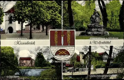 Ak Kissenbrück in Niedersachsen, Glockenturm, Fromme Johanna im Schlosspark, Wappen, Hedwigsburg