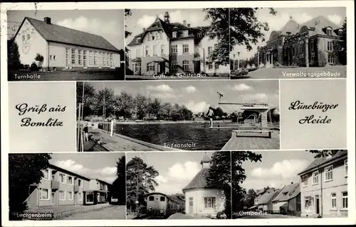 Ak Bomlitz in Niedersachsen, Badeanstalt, Turnhalle, Verwaltungsgebäude, Gutshaus, Gästehaus