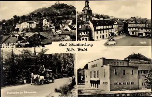 Ak Bad Blankenburg in Thüringen, Burg Greifenstein, Markt, Postkutsche im Schwarzatal