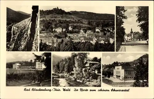 Ak Bad Blankenburg in Thüringen, Burg Greifenstein, Stadthalle, Schwarzatal, Schweizerhaus