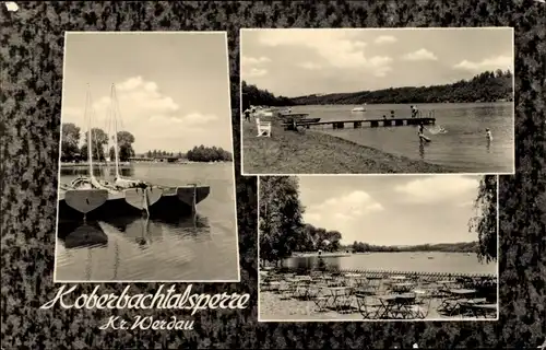 Ak Werdau in Sachsen, Koberbachtalsperre, Terrasse, Boote, Badegäste