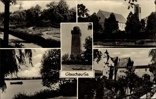 Ak Glauchau in Sachsen, Teilansicht, Turm, Gewässer, Kirche