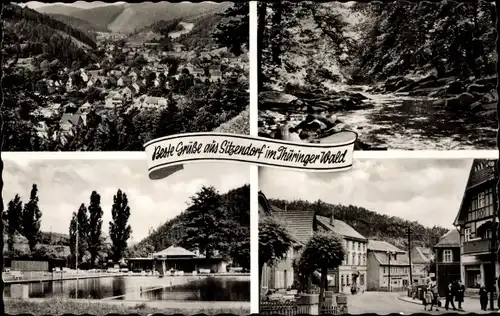 Ak Sitzendorf in Thüringen, Schwimmbad, Fluss, Fachwerkhaus