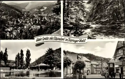 Ak Sitzendorf in Thüringen, Schwimmbad, Fluss, Fachwerkhaus