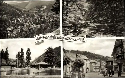 Ak Sitzendorf in Thüringen, Schwimmbad, Fluss, Fachwerkhaus