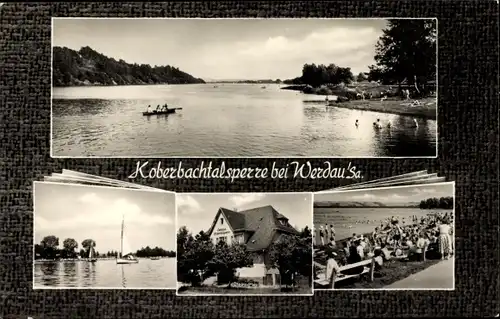 Ak Langenhessen Werdau an der Pleiße Sachsen, Koberbachtalsperre, Ruderboote, Segelboote, Badegäste